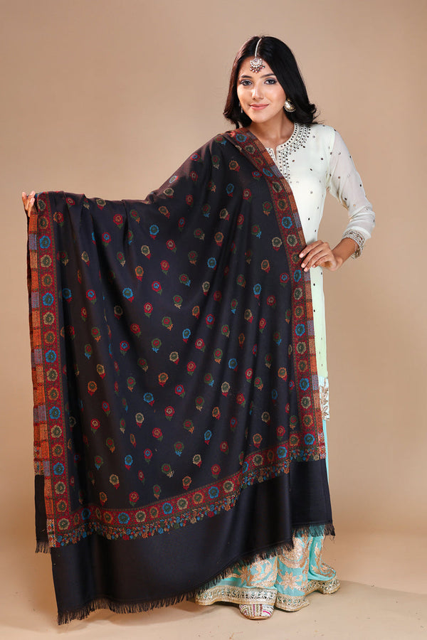 Border Booti Kani Shawl Black