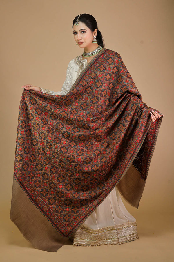 Block Embroidery Shawl Beige