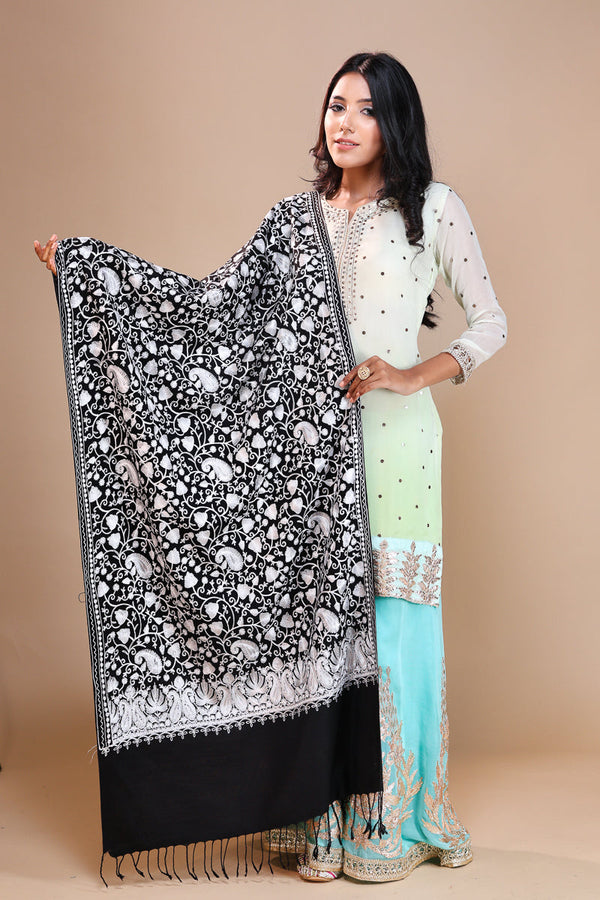 Self Embroidery Stole Black and White