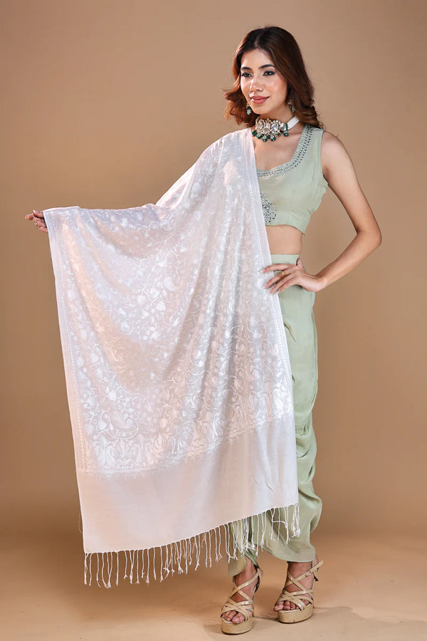 Self Nalki Embroidery Stole White
