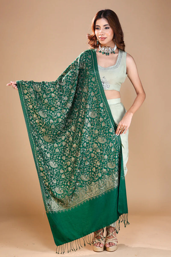 Self Nalki Embroidery Stole Green