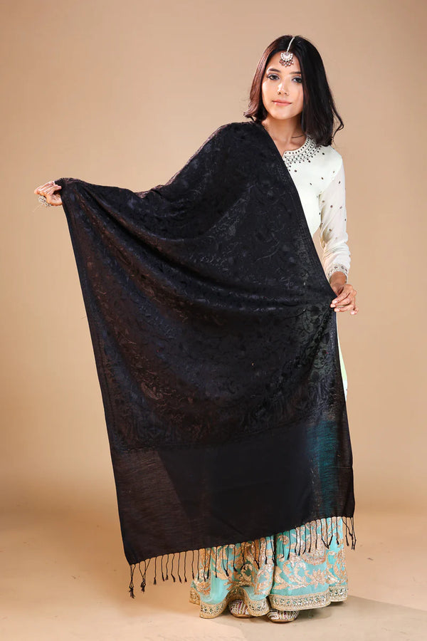 Self Nalki Embroidery Stole Black