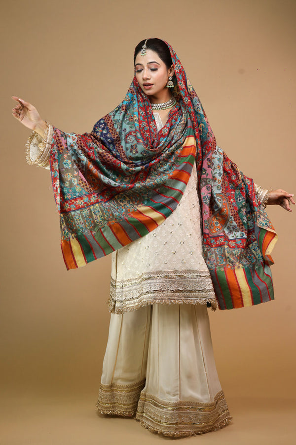 Paisley Jaal Kashmiri Hand Embroidered Kalamkari Shawl