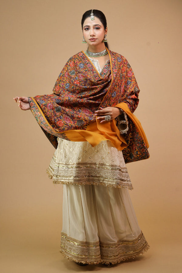 Rose Flower Embroidery Shawl Mustard