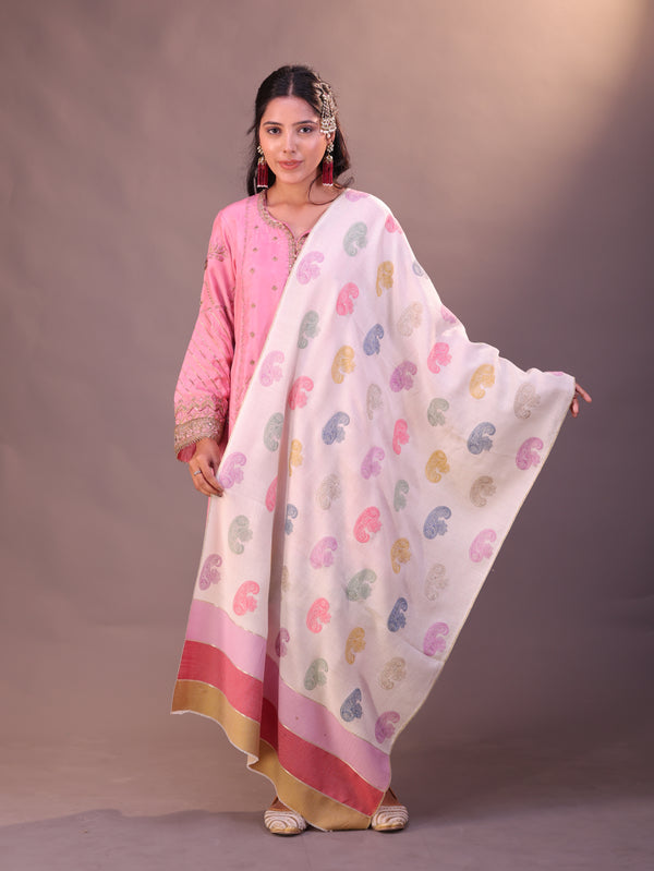 Stripe Palla Paisley Embroidery Stole White