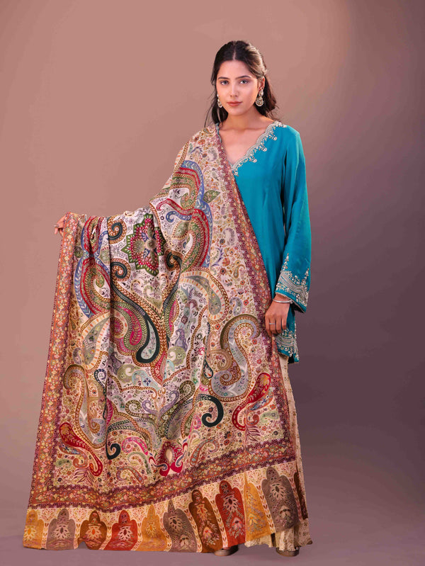 Pure Wool Leaf Paisley Hand Embroidered Kalamkari Shawl