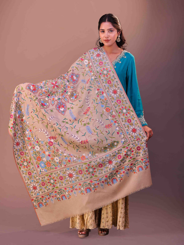 Fine Wool Leaf Jaal Embroidery Shawl