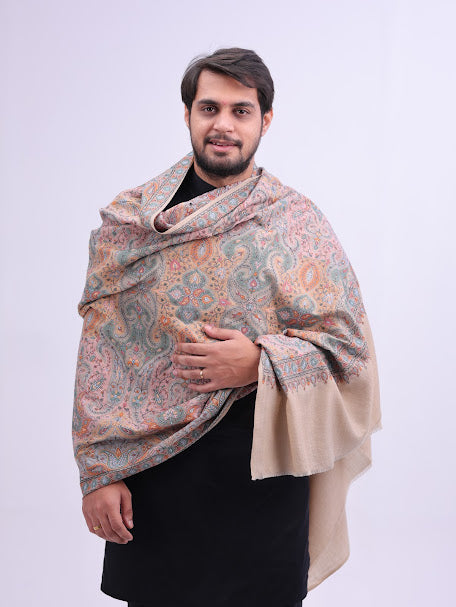 Cross Paisley Embroidery Shawl Beige for Men