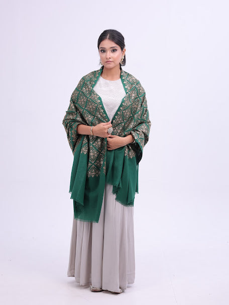 Block Silk Embroidery Shawl Green