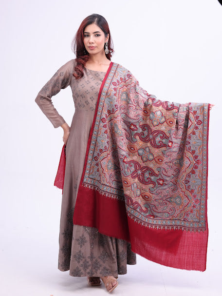 Vertical Paisley Kashmiri Embroidery Shawl Maroon