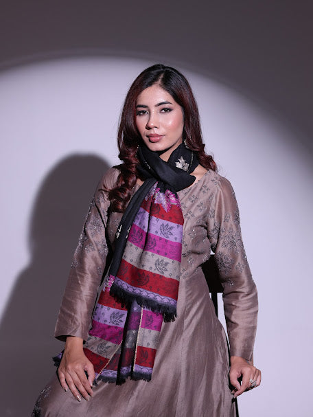 Fine Wool Stripe Palla Embroidery Stole