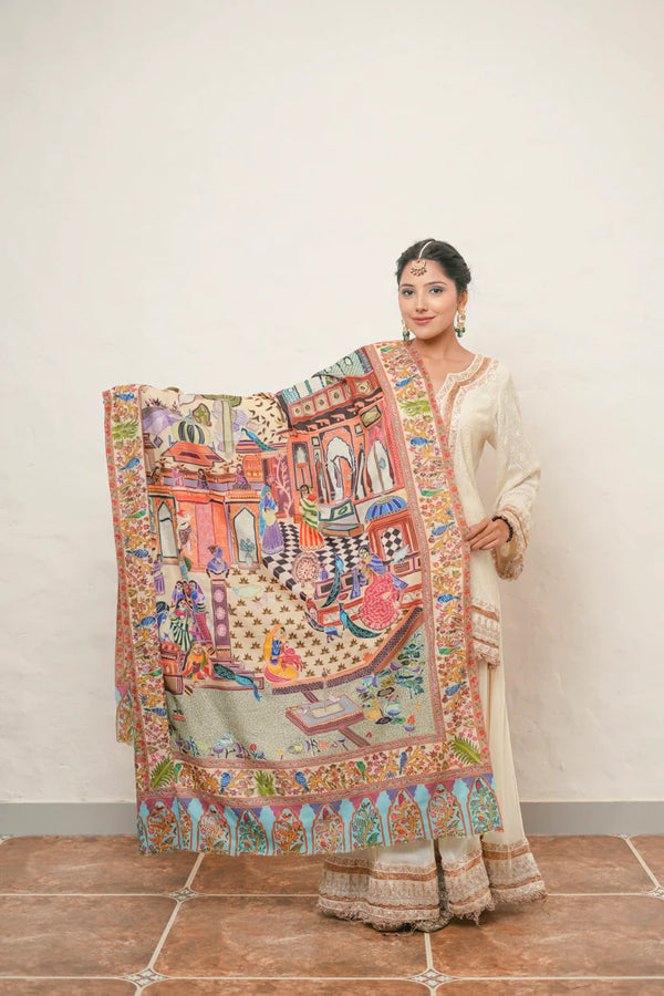 Village Courtyard Kalmamkari Embroidery Shawl