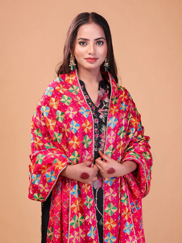 Floral Embroidery Phulkari Dupatta Pink