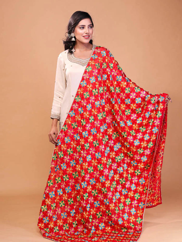 Floral Embroidery Phulkari Dupatta Red