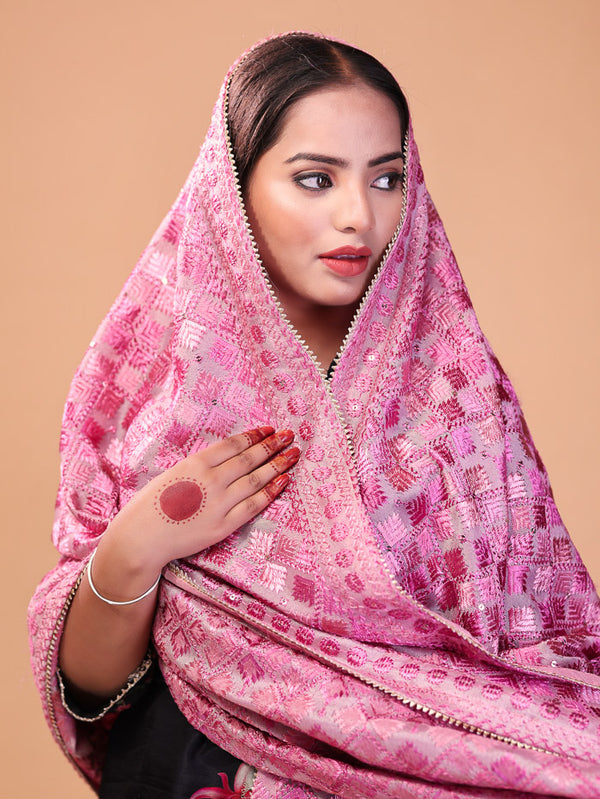 Diamond Embroidered Phulkari Dupatta Pink
