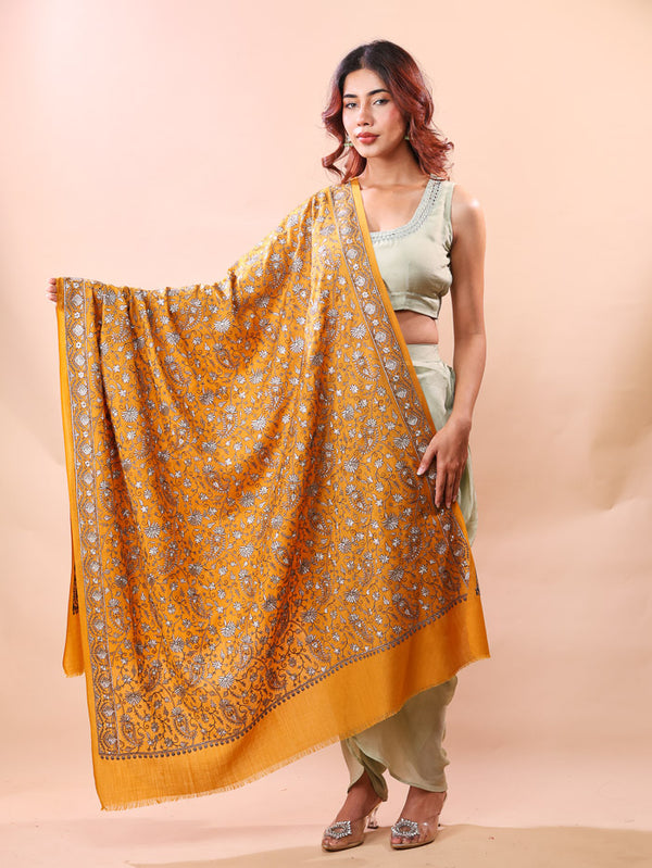 Small Paisley Silk Embroidery Shawl Mustard