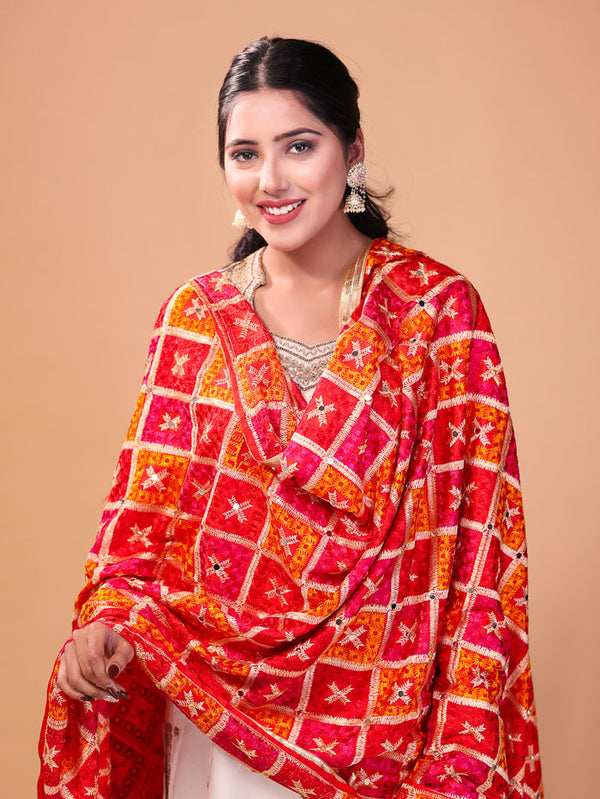 Traditional Phulkari Dupatta With Mirror Work