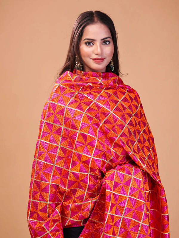 Zari Block Embroidered Phulkari Dupatta