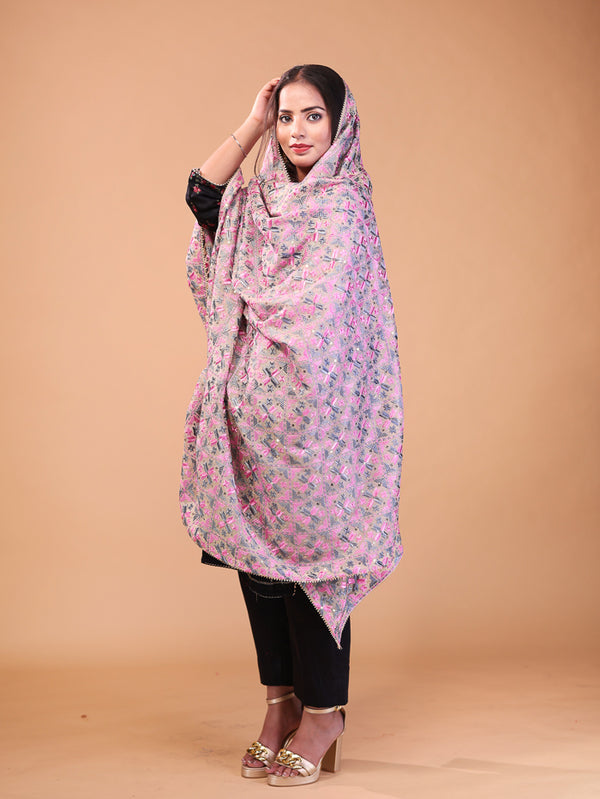 Small Leaf Phulkari Dupatta Light Pink