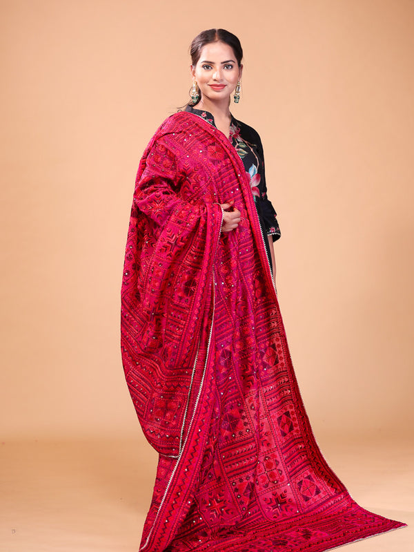 Block Stripe Phulkari Dupatta Red
