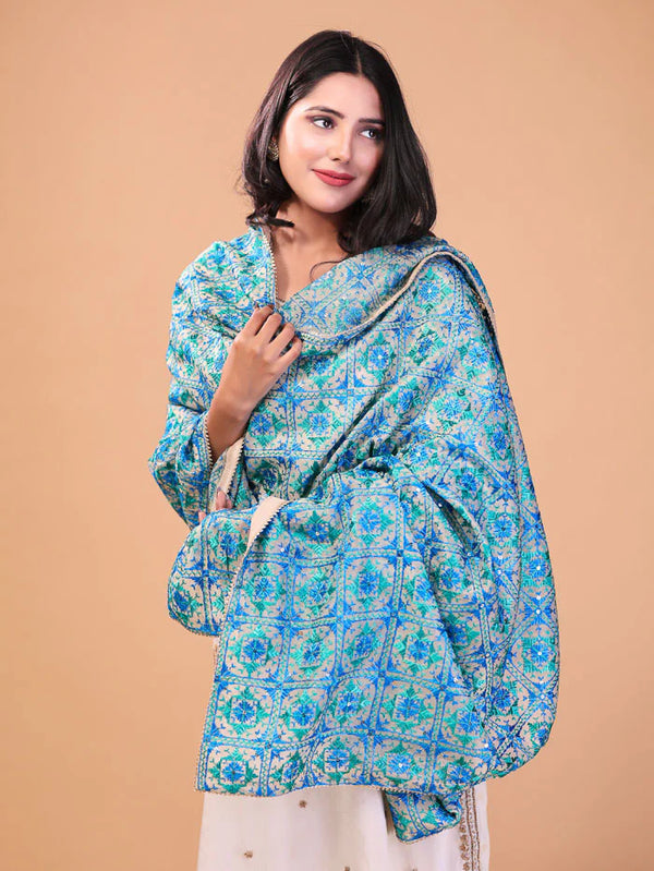 Small Leaf Phulkari Dupatta Blue