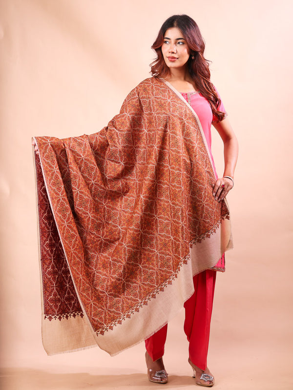Cross Block Embroidery Shawl Beige