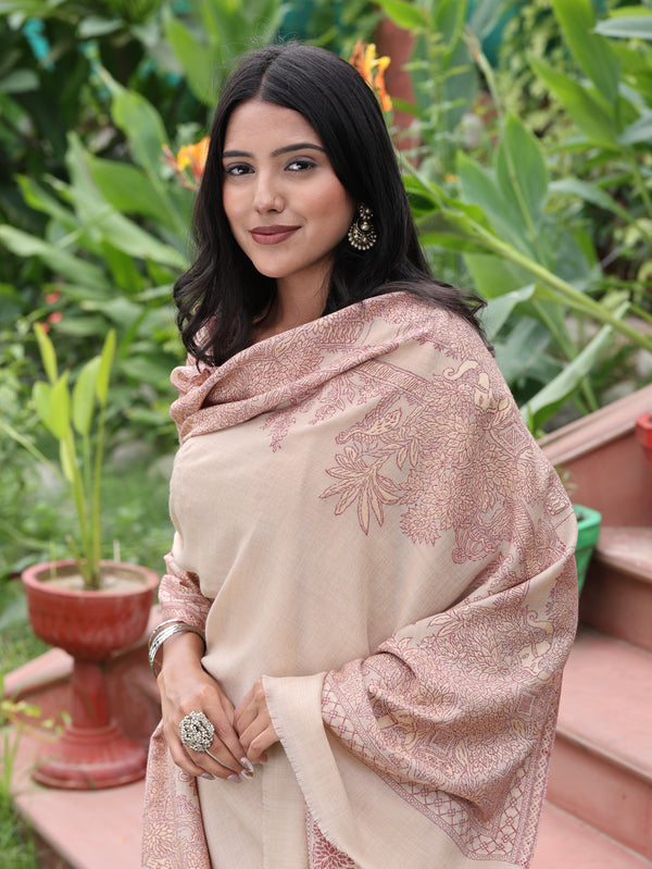 Elephant Border Resham Kani Shawl Beige
