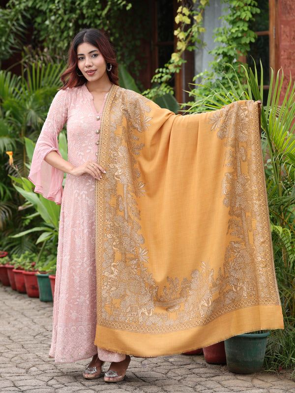 Elephant Border Resham Kani Shawl Mustard