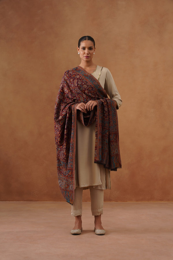 Fine Wool Paisley Kani Shawl Maroon