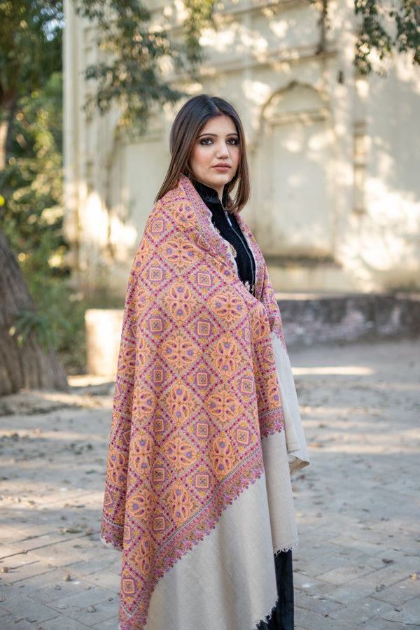 Full Embroidery Jaal Shawl  Beige