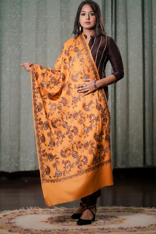 Fine Wool Floral Embroidery Jaal Mustard