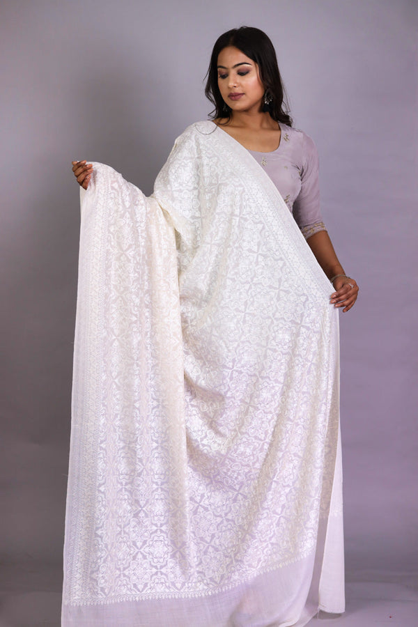 Tone To Tone White Embroidery Shawl