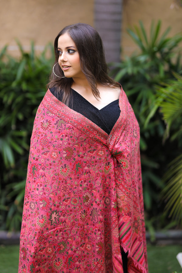 Fine Wool Floral Kani Shawl Pink