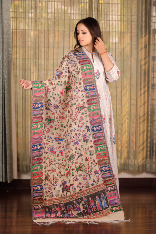 Animal Border Kani Dupatta Beige