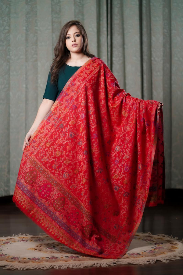 Red multi Colored Leaf Palla Kani Shawl