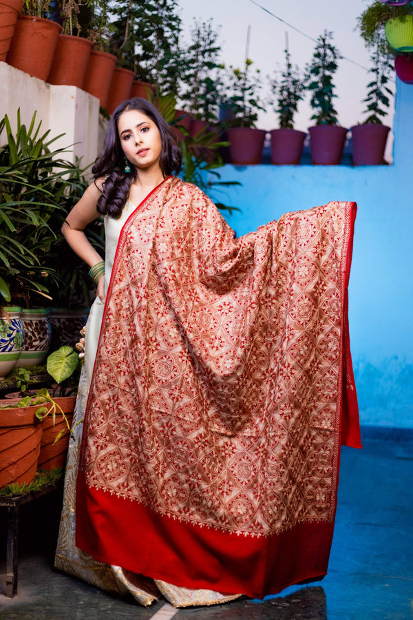 Block Aari Embroidery Shawl Red