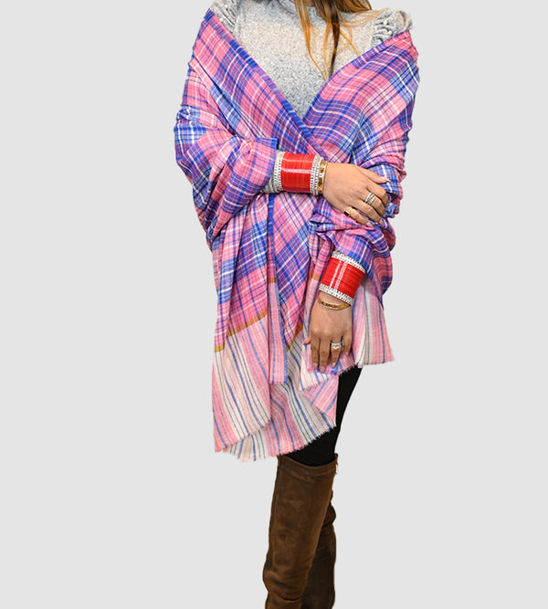 Unisex Pure Pashmina Check Shawl Pink (for both Men and Women)