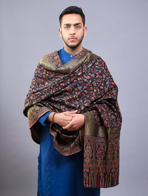 Zari Border Kani Shawl For Men Black