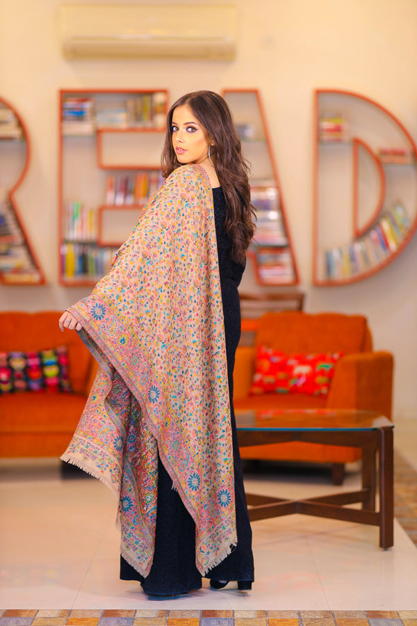 Beige Multi-Coloured paisley Border Kani Stole