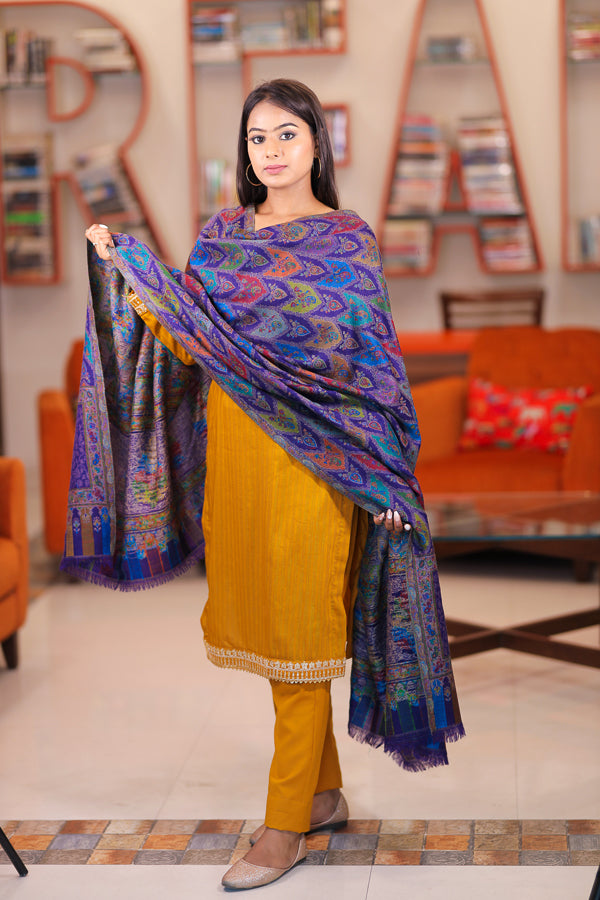 Pure Wool Multi-Coloured Kani Jaal Shawl Navy Blue