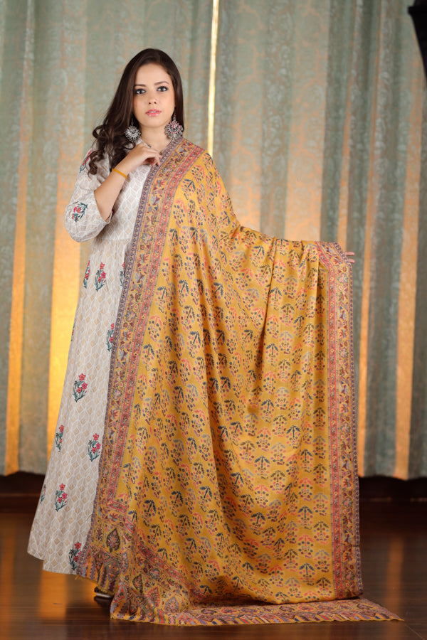 Border Booti Kani Shawl Mustard