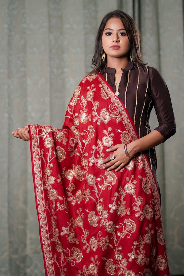 Fine Wool Floral Embroidery Jaal Maroon