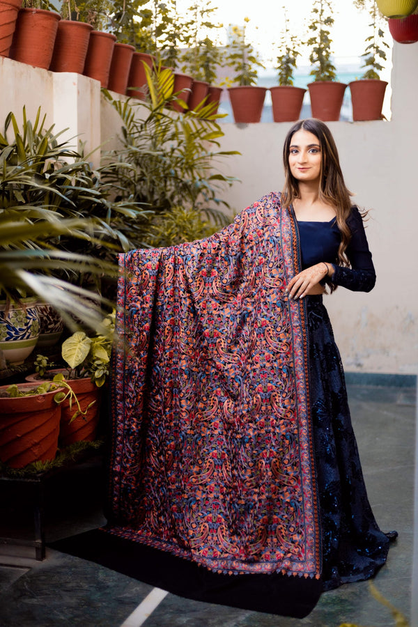 Black Multicoloured Aari Embroidery Shawl