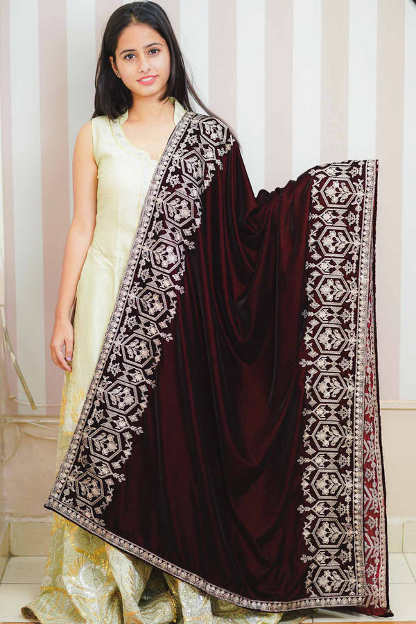 Maroon Velvet Stole With Golden Embroidery