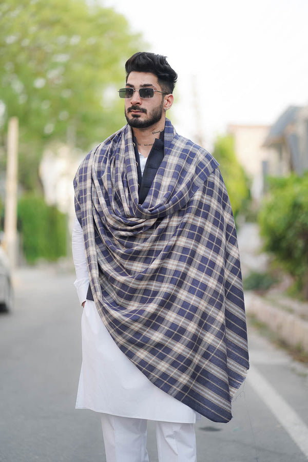 Check Shawl For Men Navy Milange